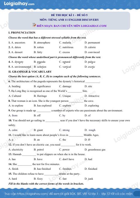 Đề thi học kì 1 Tiếng Anh 11 English Discovery - Đề số 5